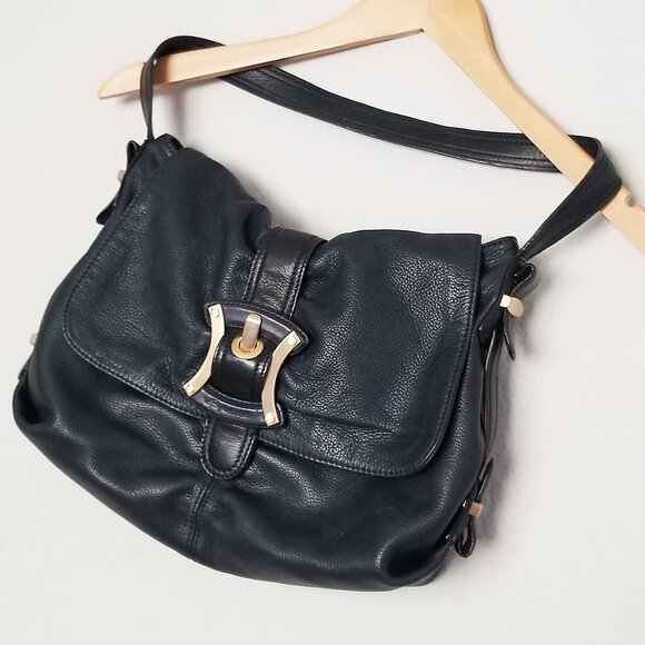 B. Makowsky Navy Blue Black Genuine Leather Shoulder Bag Gold Hardware Hobo Y2K - Picture 16 of 16